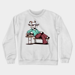 70s goat relaxing with vintage radio Crewneck Sweatshirt